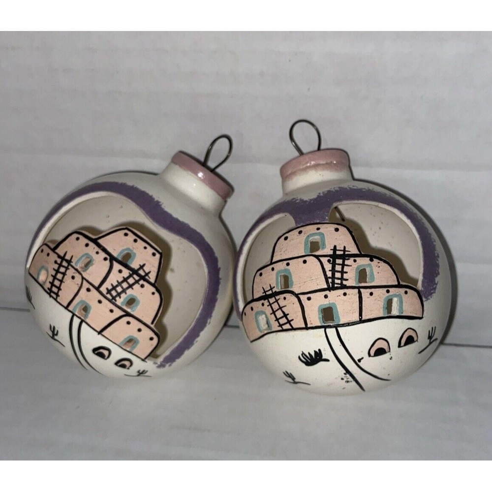 Vntg Donna Southwestern Cliff Dwelling Pink And Purple Christmas Ornaments  2pc